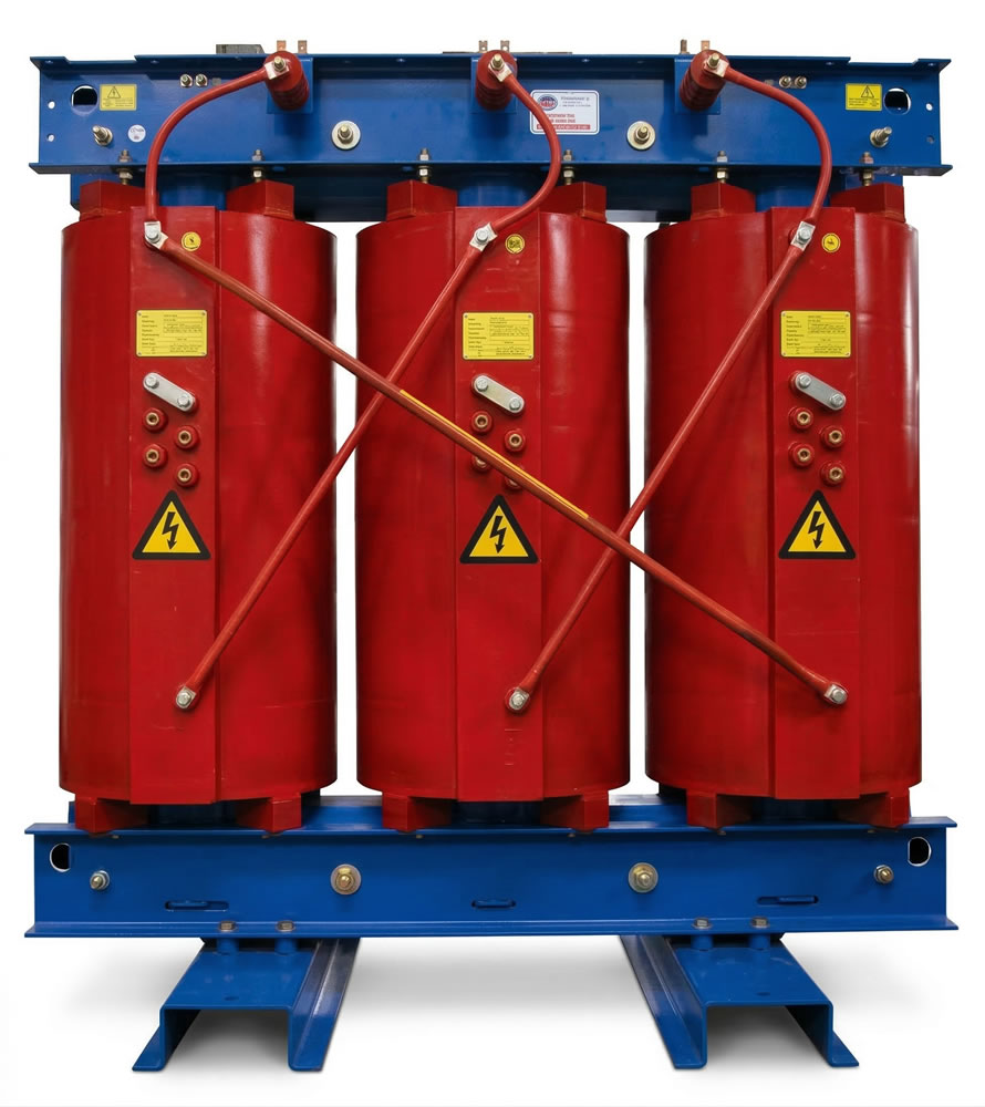 Red three-phase dry-type transformer with blue base and electrical hazard symbols.