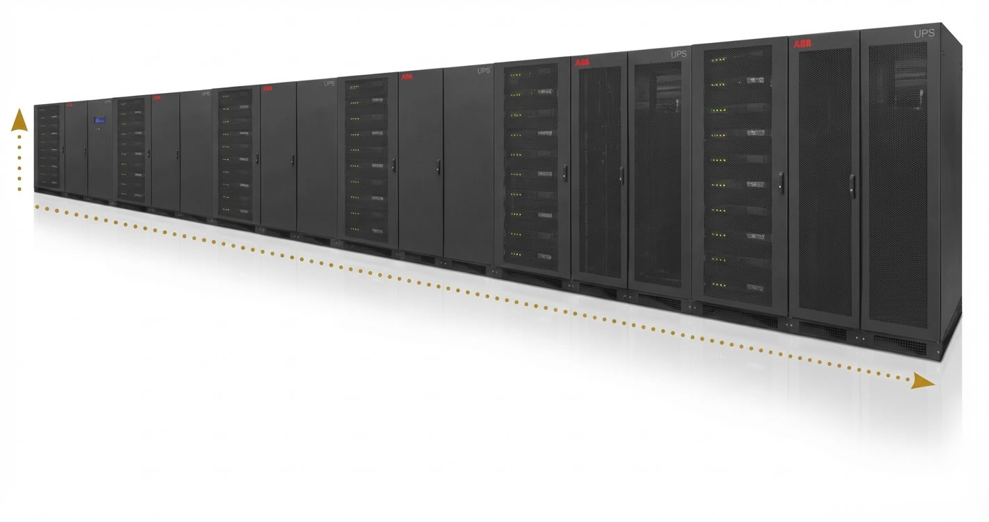 Row of black data center servers with indicator lights in a reflective environment.