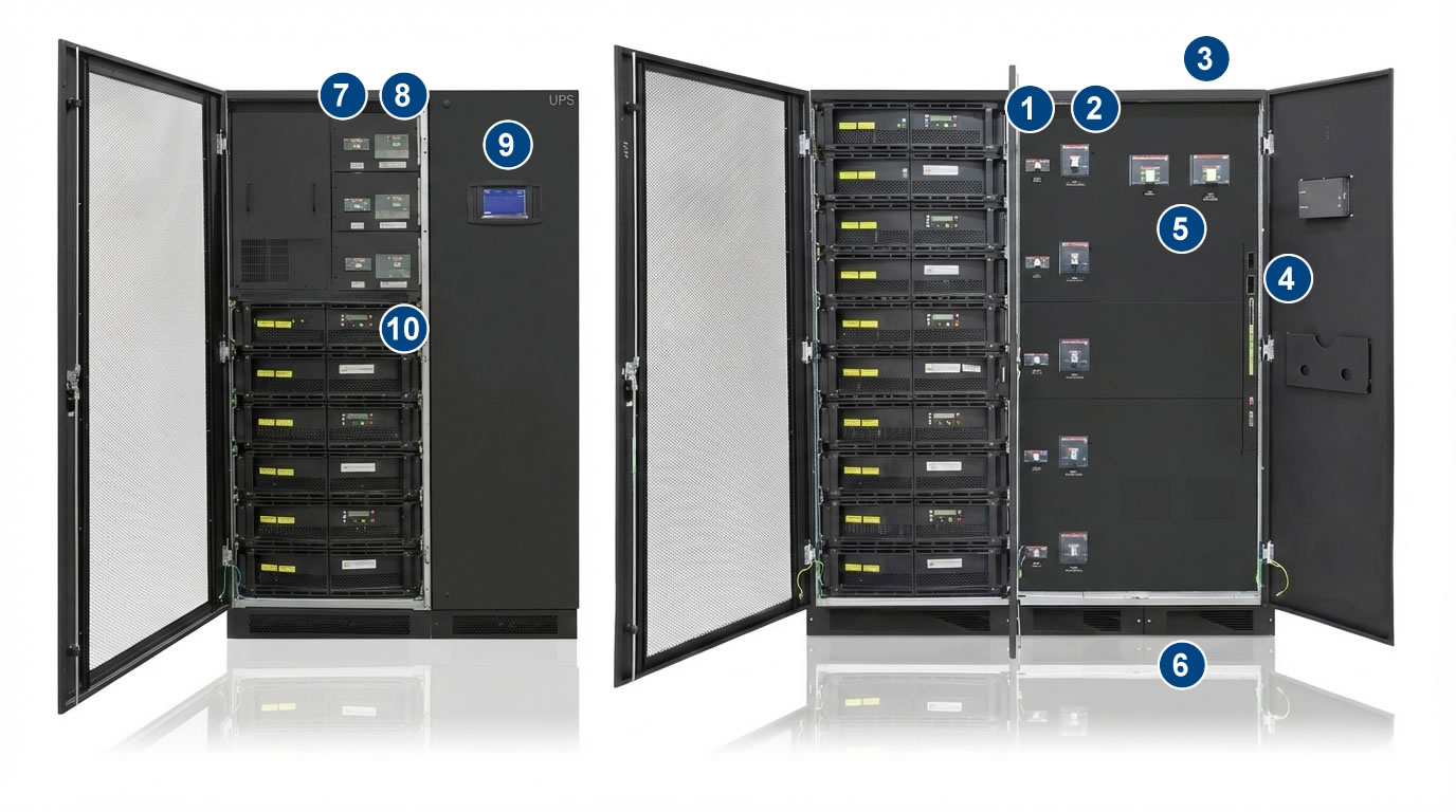 Open data center cabinet displaying modular UPS system with multiple power units and control panels for backup power.