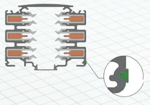 Cross-section of heat sink fins with detailed view of mounting mechanism, showcasing efficient thermal management design.
