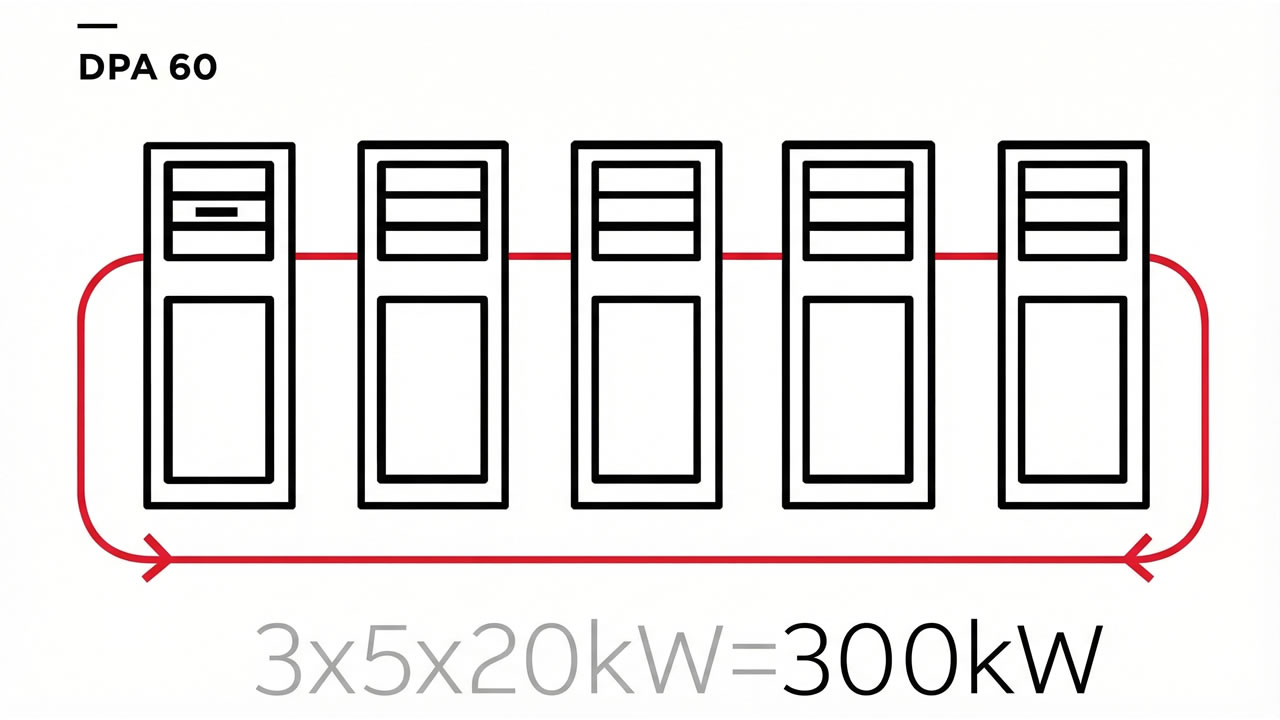 Diagram of DPA 60 system with five units connected, illustrating 300 kW power calculation: 3x5x20kW.