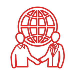 Two figures shaking hands with a globe in the background, symbolizing global business collaboration.