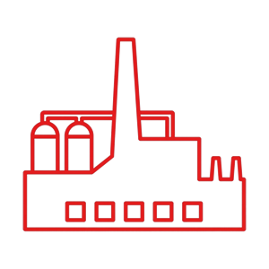 Factory icon in red outline, featuring smokestacks and industrial design elements, symbolizing manufacturing and industry.