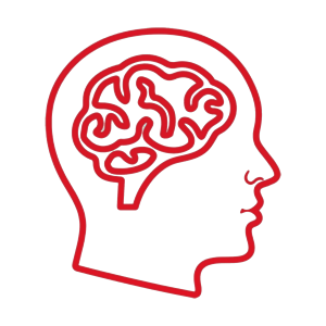 Outline of a human head with a red brain illustration inside, emphasizing creativity and cognitive functions.