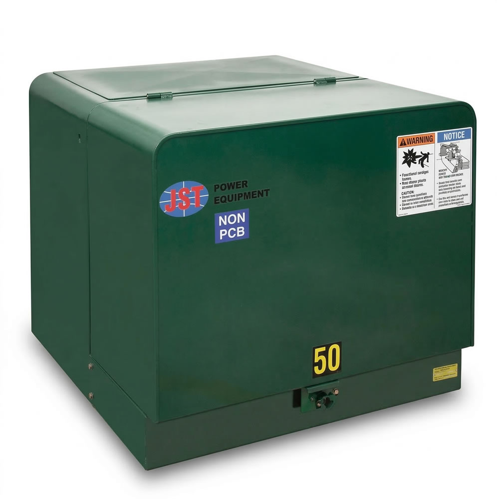 Green JST power equipment enclosure with safety labels, featuring a NON PCB designation, marked with number 50.
