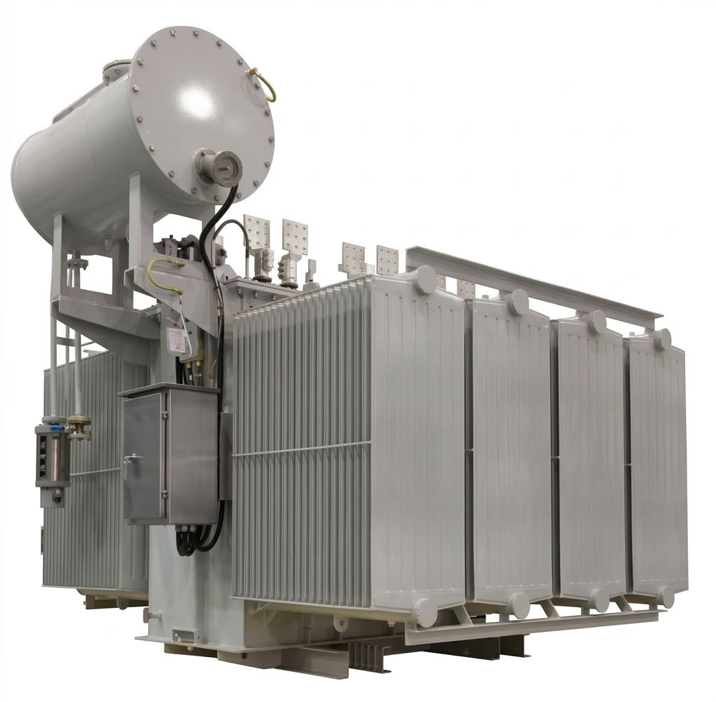 Large industrial power transformer with cooling radiators and circuit detail in a white background.