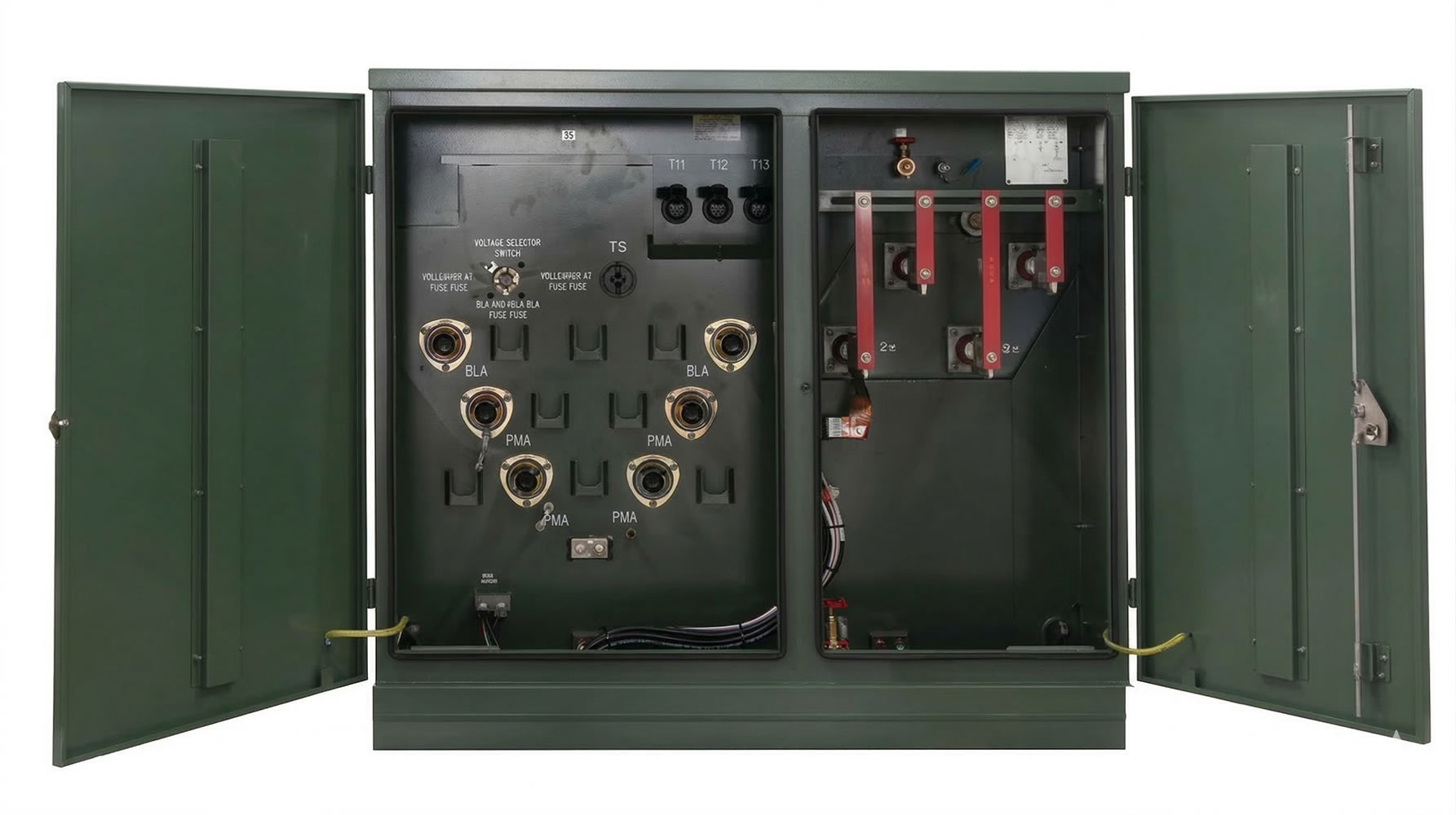 Electric panel with switches and fuses in an open green metal cabinet, showcasing electrical components and wiring.