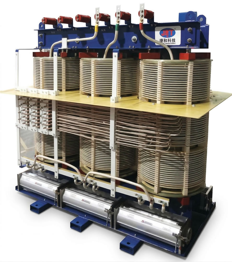 Industrial electrical transformer with coils and components for power regulation.