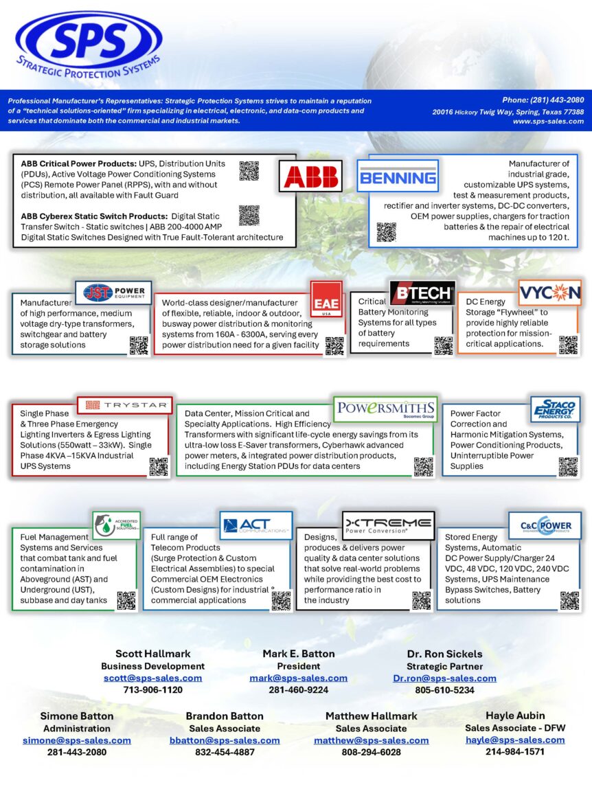 Strategic Protection Systems product catalog featuring power solutions and contact information.