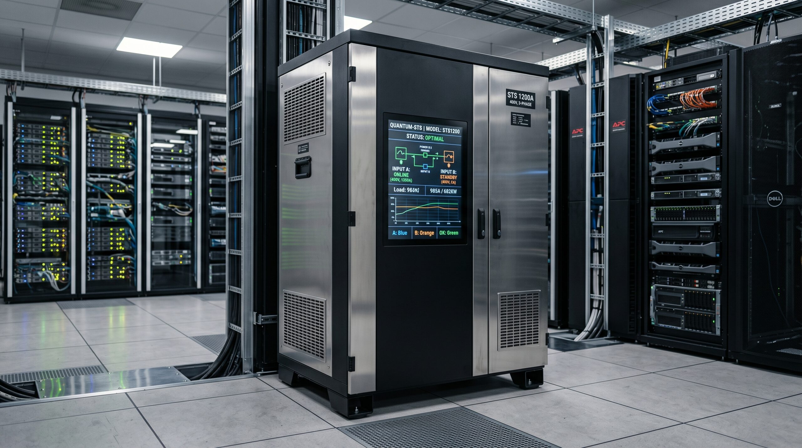 Modern data center with servers and a power management unit displaying system status on a digital screen.