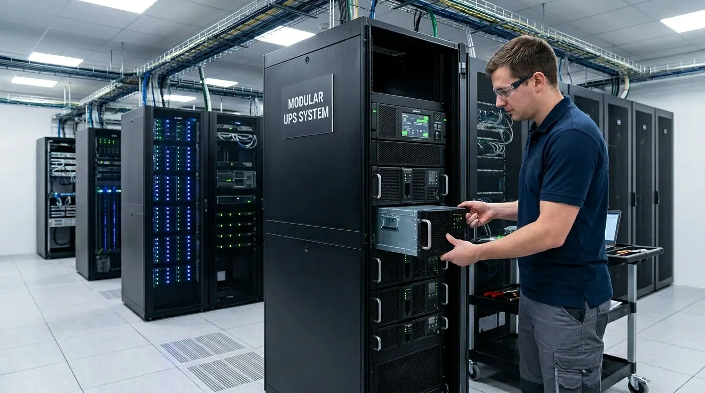 Technician maintaining a modular UPS system in a modern data center with server racks.
