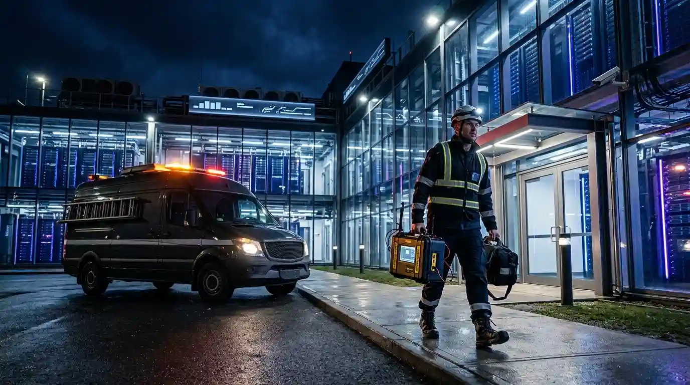 Technician with equipment walking by server facility at night, with van and illuminated servers in the background.