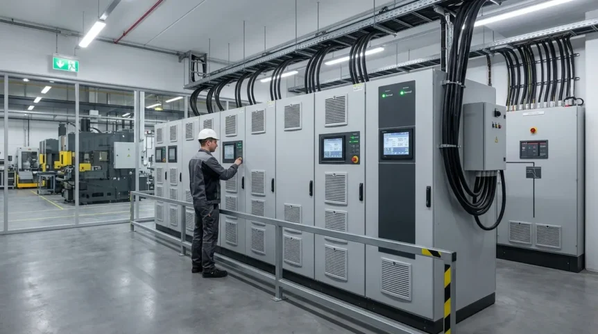 Technician operating industrial control panel in a modern power plant facility.