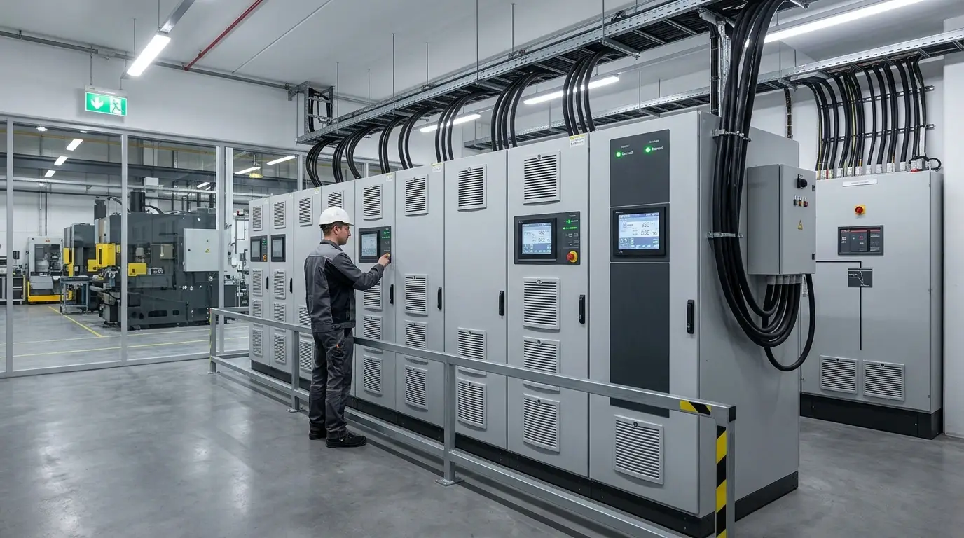 Technician operating industrial control panel in a modern power plant facility.