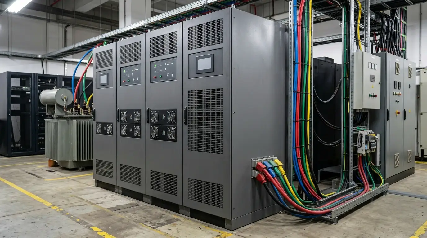 Industrial power cabinets with colorful cables in a data center for efficient energy management systems.